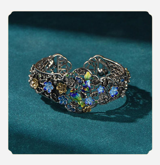 Blossom & Perching Bird Enamel Jewelry Set – 925 Sterling Silver Earrings, Bracelet & Necklace | Chinese Artistic Design
