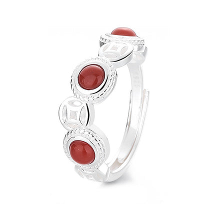 Chinese Lucky Coin Red Agate Ring - 925 Sterling Silver Adjustable Wealth Ring