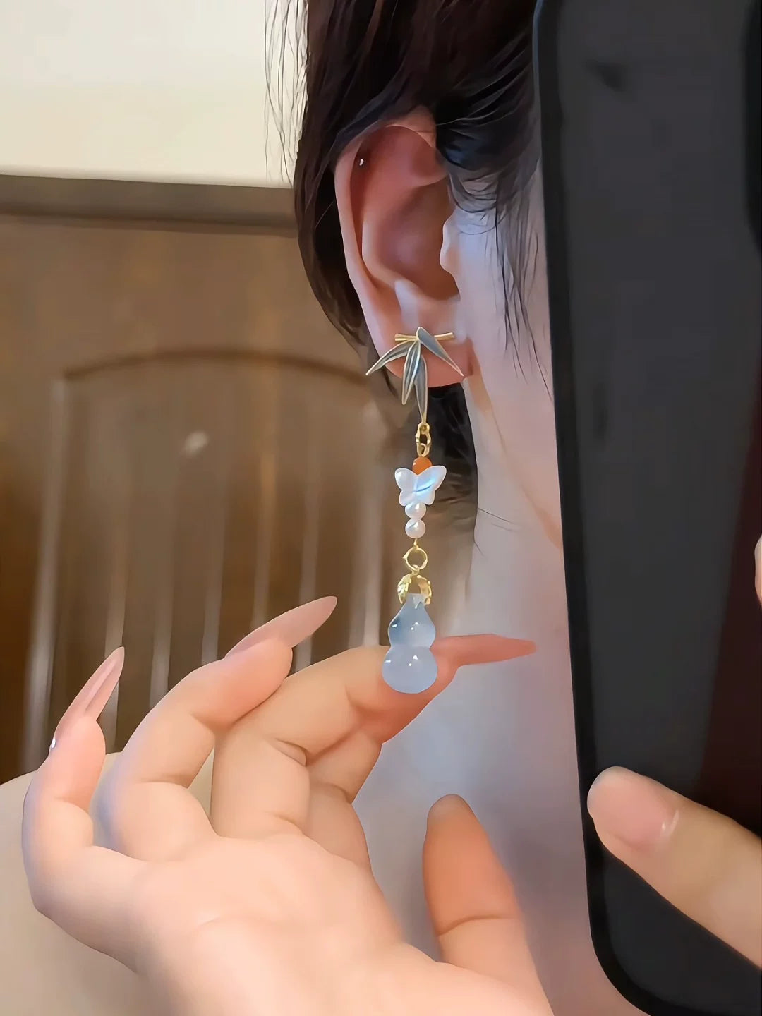 Mother-of-Pearl Butterfly & Blue Gourd Tassel Earrings – Elegant Handcrafted Statement Earrings for Women