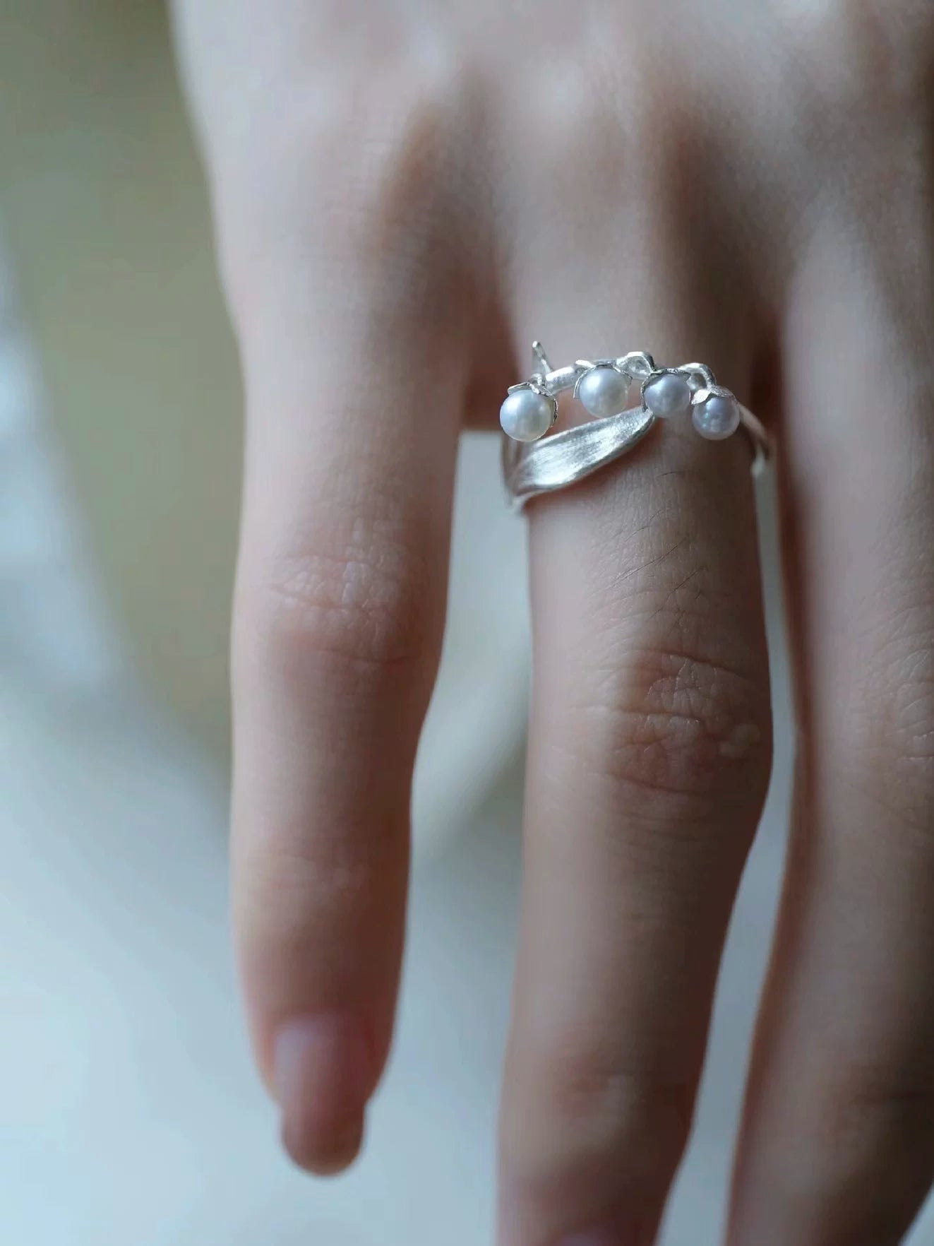 Lily of the Valley Pearl Open Ring – Minimalist S925 Silver Plated Floral Ring