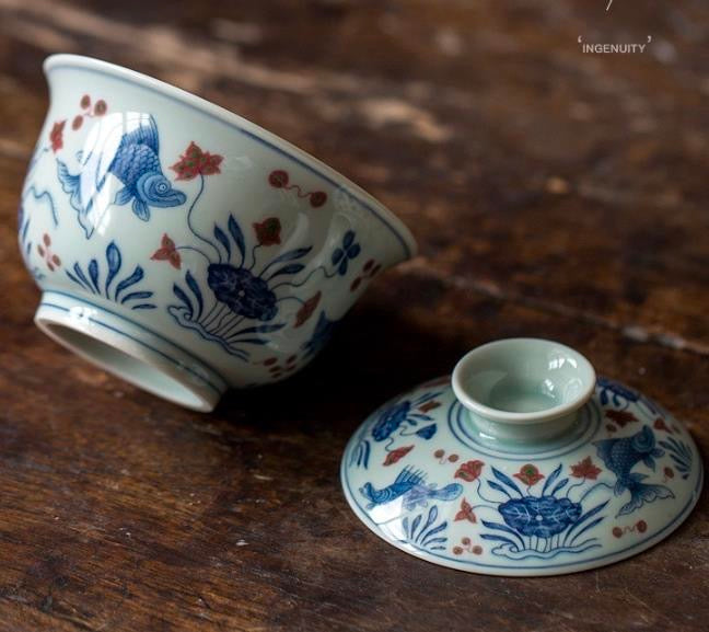 Carp Lotus Blue and White Cover Bowl Tea Cup Set