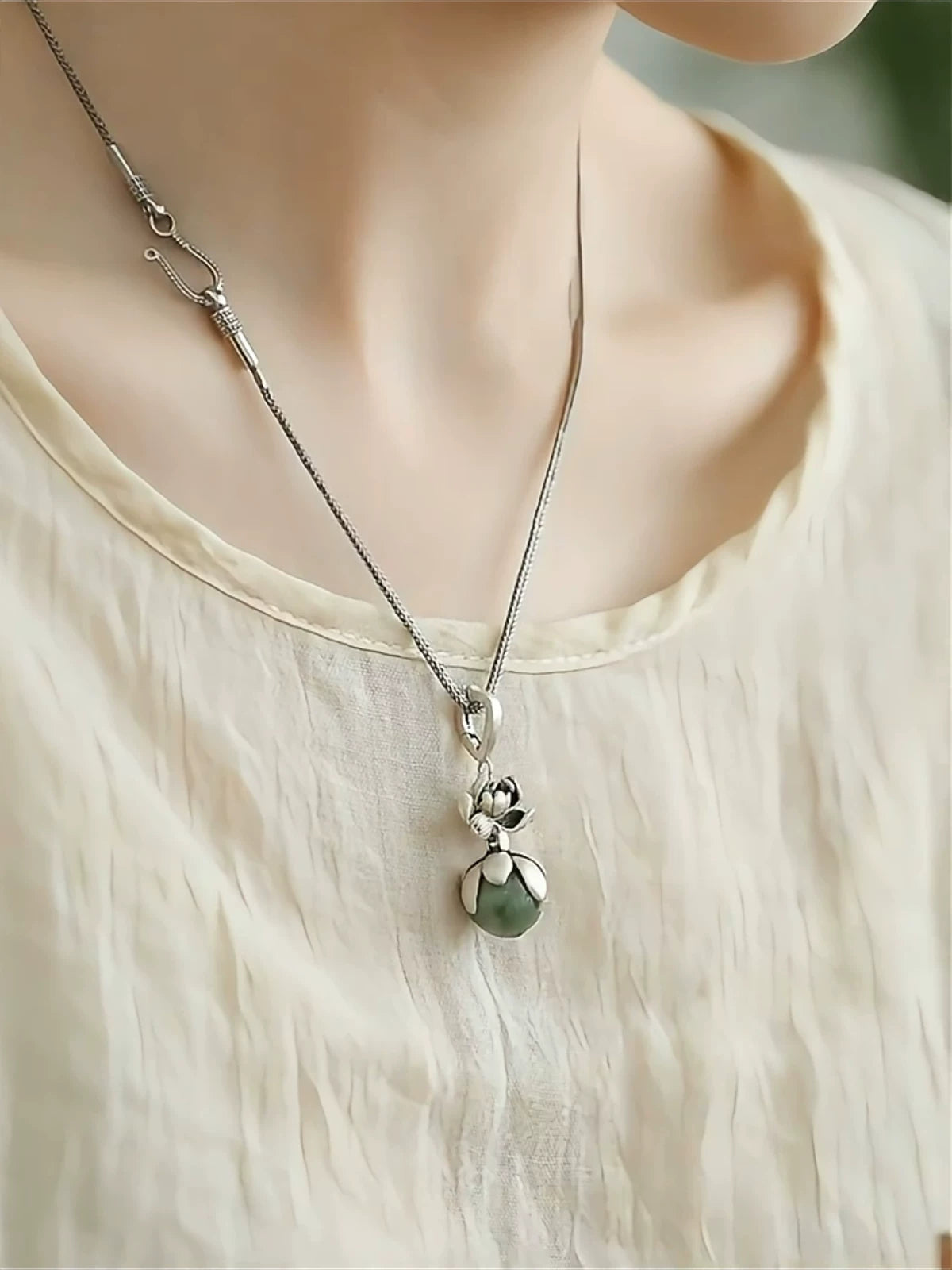 Lotus Pendant Necklace with Jade Bead – Vintage Chinese Style Prosperity Jewelry