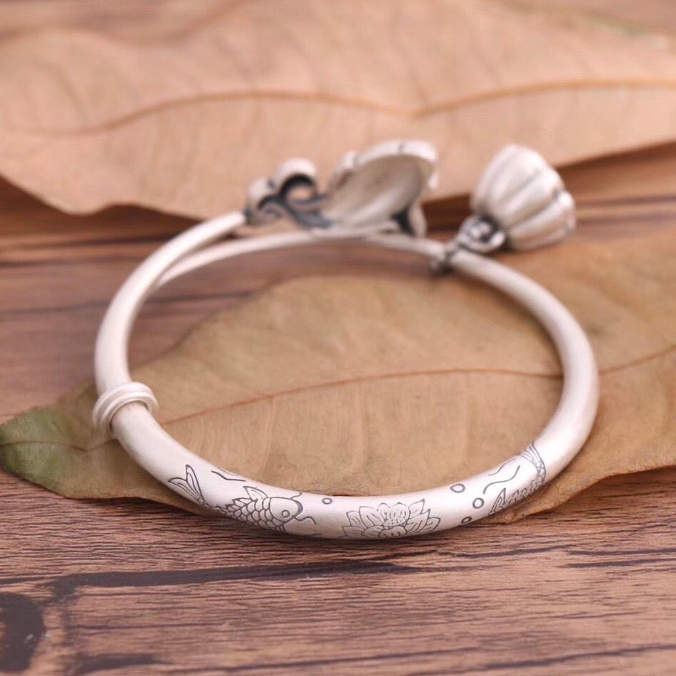 Fish and Lotus Pod Bracelet - Sterling Silver