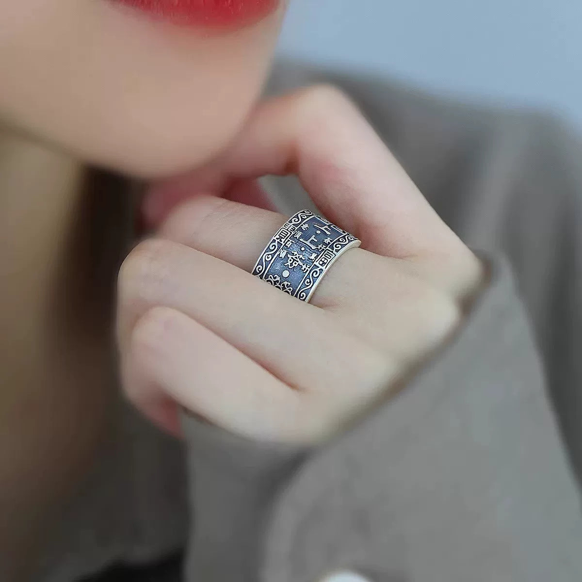 Oriental Lucky Symbol Ring – 925 Silver Vintage Engraved Open Ring for Women and Men