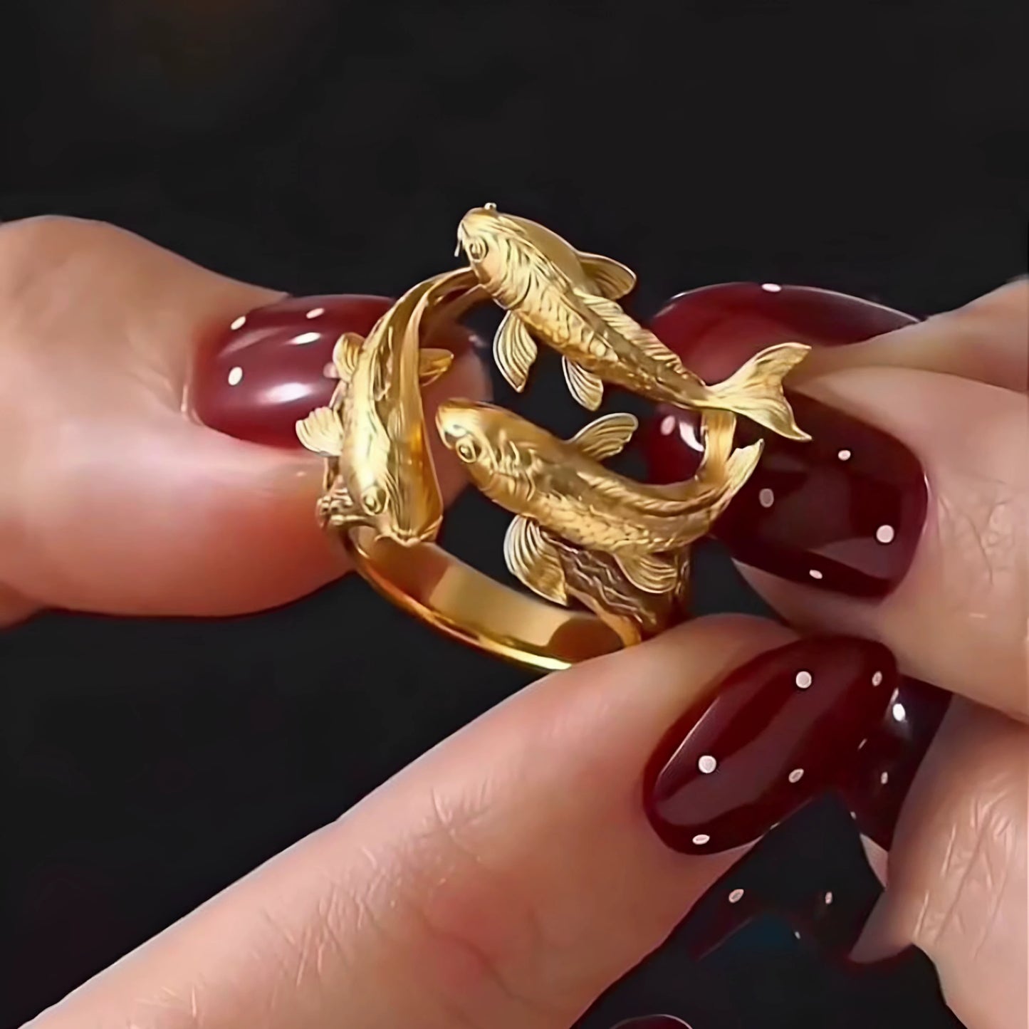 Gold-Plated Triple Koi Fish Ring – New Chinese Style Adjustable Fortune Ring for Women