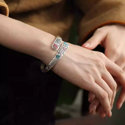 Armreif aus tibetischem Silber mit glücksverheißendem Email – Ethnisch, Segnung „Fu Shun“, Armband, Geschenk für Frauen
