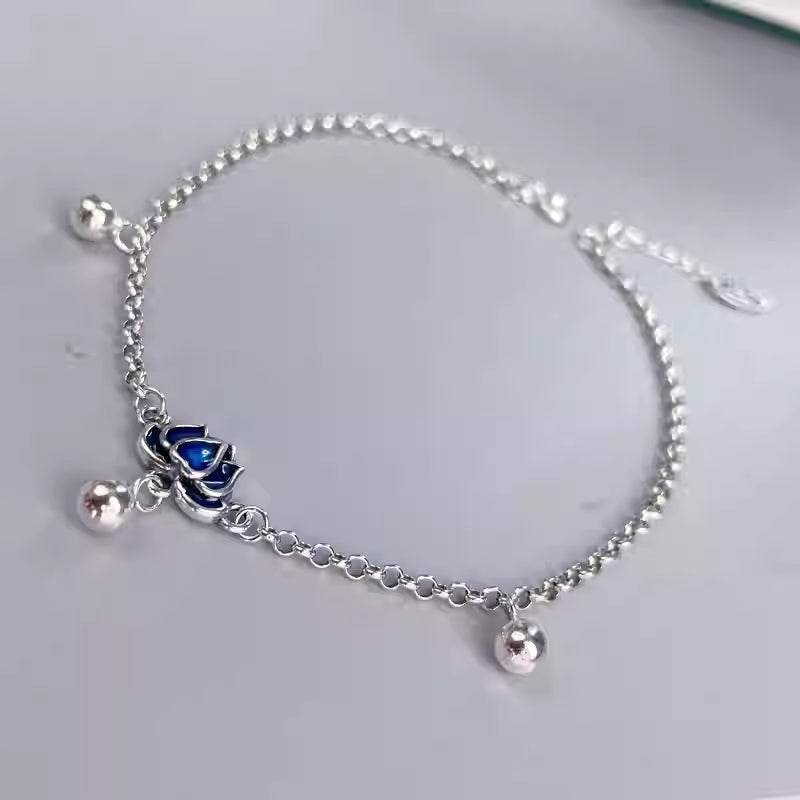 S925 Sterling Silver Blue Lotus Anklet for Women - Adjustable 25cm, Vintage Art Jewelry, Lucky Charm Foot Bracelet