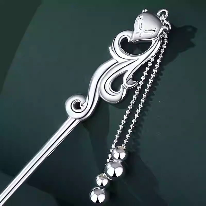 Elegant Chinese Style Silver Fox Hairpin with Tassels – Handmade S925 Silver Hair Stick for Updos