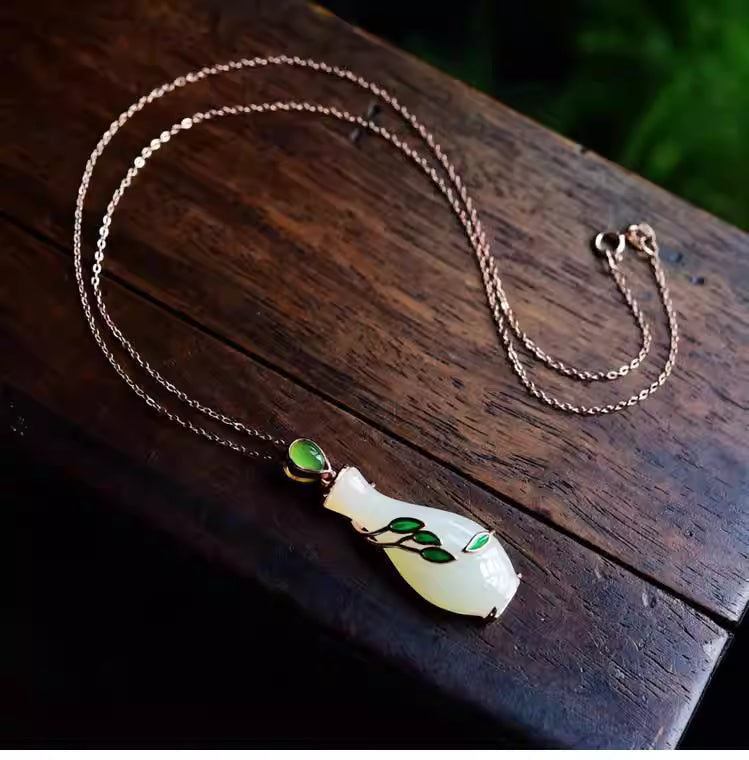 Guanyin Jade Vase Pendant – S925 Silver &amp; Natural Hetian Jade with Blue Enamel Willow Branch