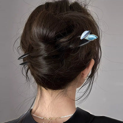 Haarnadel aus Ebenholz mit U-förmigem Blättermotiv – handgemachter luxuriöser Haarstab