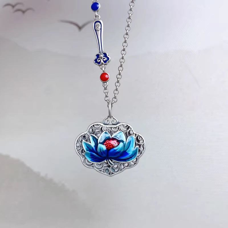 Enamel Lotus Ruyi Lock Pendant