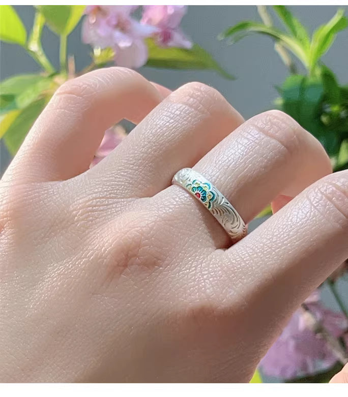 9999 Fine Silver Bao Xiang Enamel Ring – Chinese Tang Grass Pattern Adjustable Ring with Engraved Heart Sutra for Women