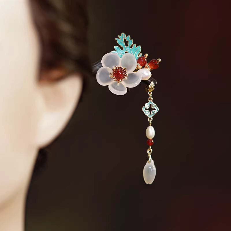 Agate and Ebony Wood Hairpin with Pearls – Handmade Chinese Hanfu & Qipao Hair Accessory,