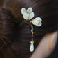 Ancient Chinese Style Xiuyu Magnolia Hairpin – Ebony Wood with Garnet Beads and Xiuyu Pendant