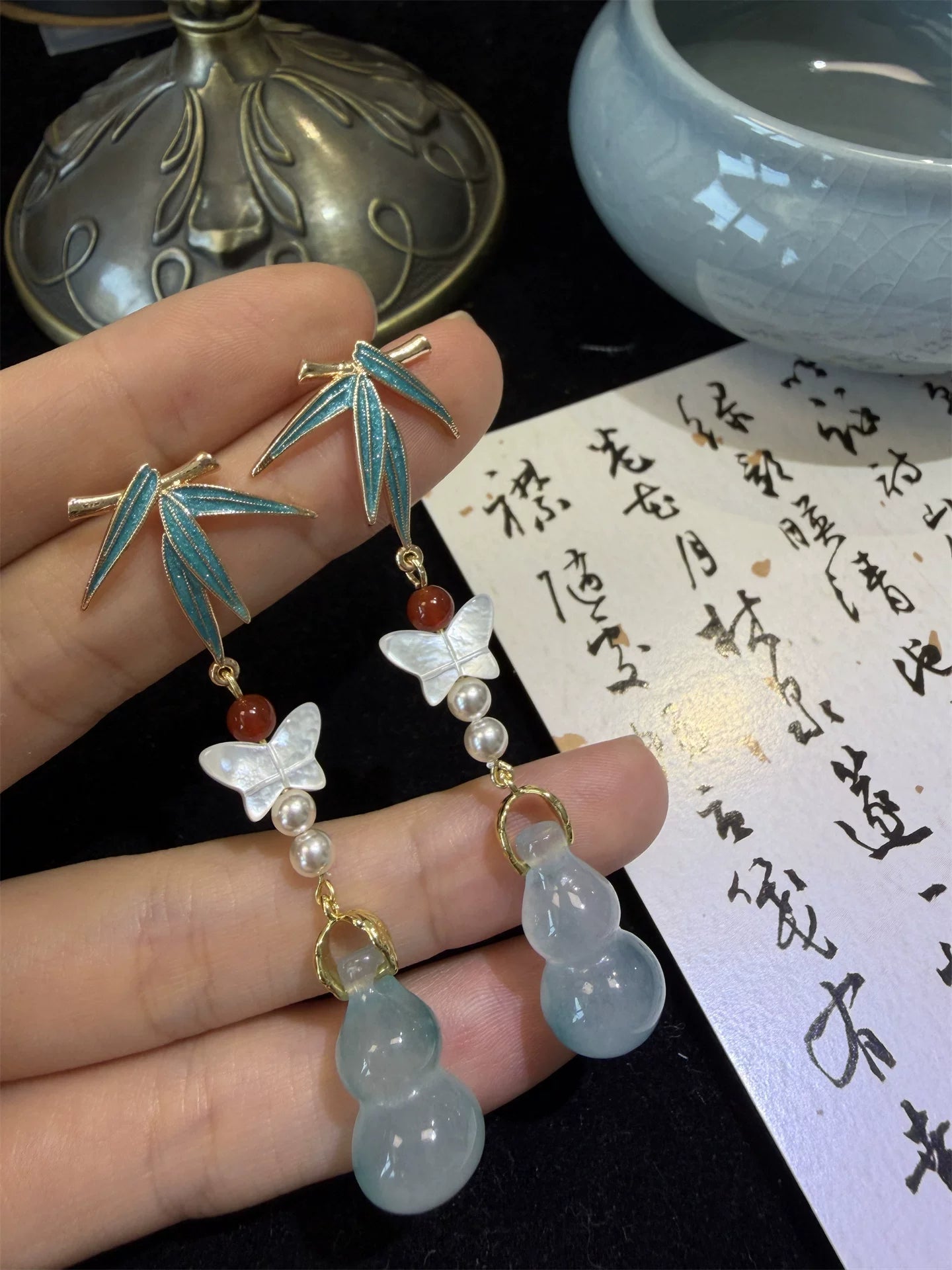 Mother-of-Pearl Butterfly & Blue Gourd Tassel Earrings – Elegant Handcrafted Statement Earrings for Women