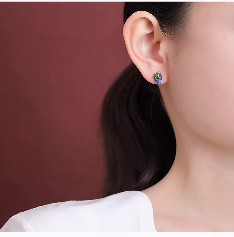 Luxury S925 Silver Cicada Stud Earrings with Hetian Jade and Enamel – Minimalist Gold & Silver Options, 11×7mm, 2g, Creative Chinese Design for Women