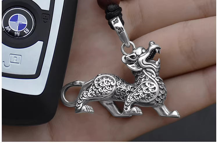 Solid Silver Pi Xiu Pendant Keychain – Feng Shui Lucky Coin with Sandalwood Beads