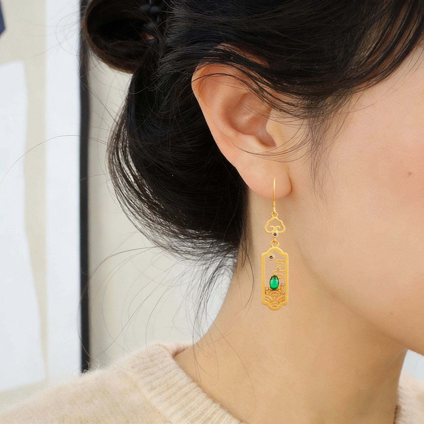New Chinese Style Cloud & Green Jade Drop Earrings – 24K Gold-Plated 925 Silver, Elegant Oriental Design for Women