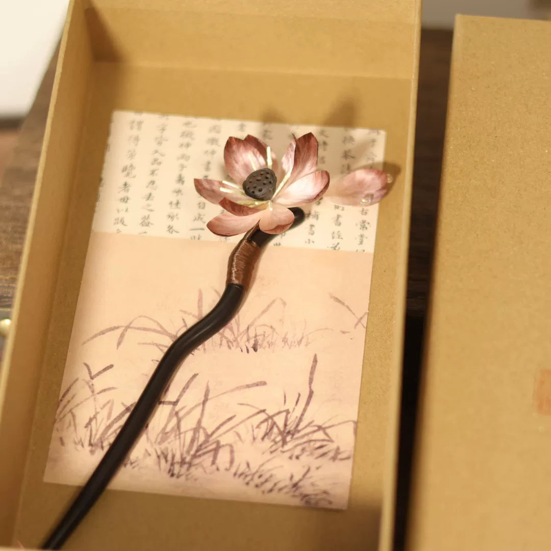 Elegant long hairpin crafted with silk thread, copper wire, and natural sandalwood for traditional bun styling and modern aesthetic fashion