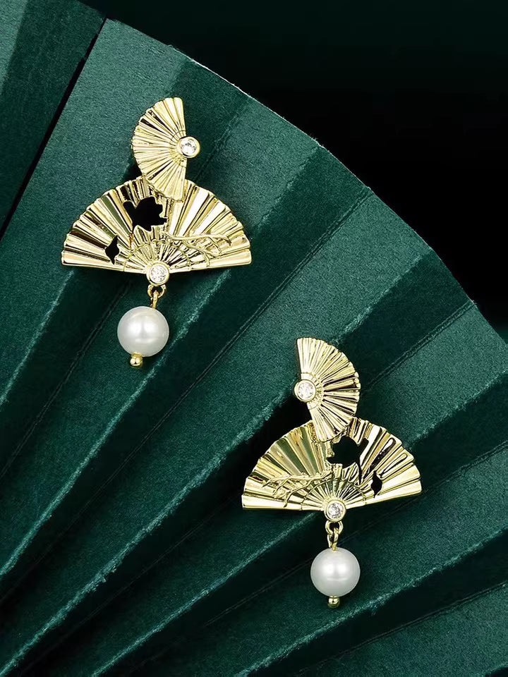 New Chinese Style Folding Fan Earrings – Faux Pearl Luxury Bridal Drop Earrings for Women