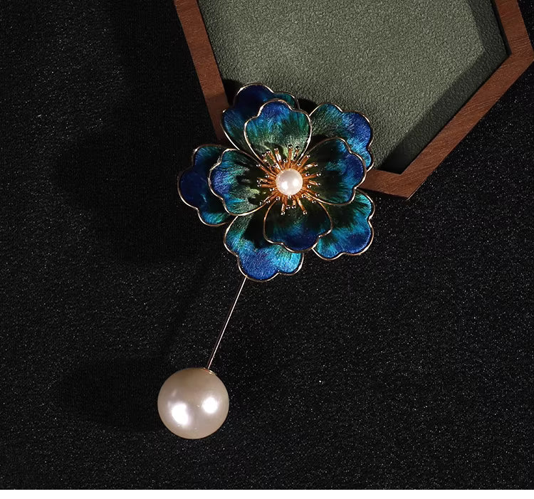 Handmade Peacock Blue Velvet Flower Pearl Brooch – Chinese Heritage Silk Floral Pin for Elegant Women