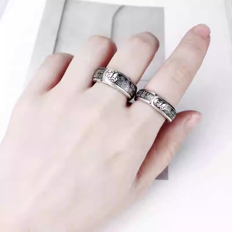 999 Sterling Silver Couple Rings with Fu Character & Heart Sutra – Vintage Adjustable Unisex Rings, Men 0.6cm / 6g, Women 0.4cm / 5g