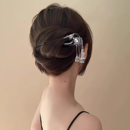 Miao Style Ebony Butterfly Tassel Hairpin – U-Shaped Silver Accent Hair Stick for Women