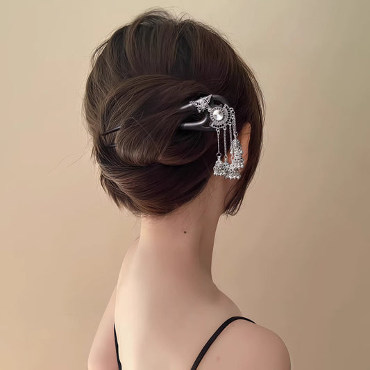 Miao Style Ebony Butterfly Tassel Hairpin – U-Shaped Silver Accent Hair Stick for Women