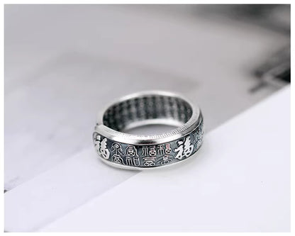 999 fine silver Couple Rings with Fu Character & Heart Sutra – Vintage Adjustable Unisex Rings, Men 0.6cm / 6g, Women 0.4cm / 5g