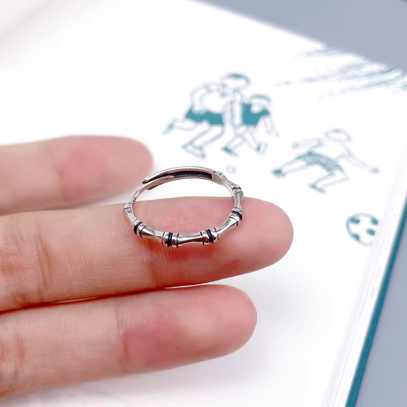 Vintage Bamboo Segment Adjustable Ring – Minimalist Polished Silver Band
