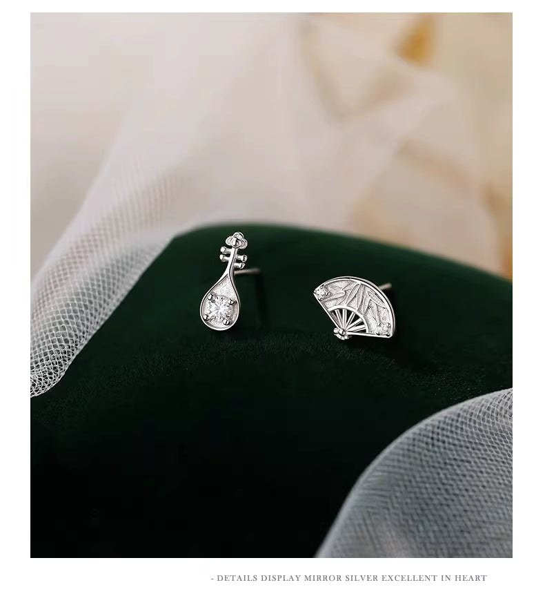 S925 Sterling Silver Asymmetric Fan & Pipa Stud Earrings for Women – Retro Chinese Style Jewelry