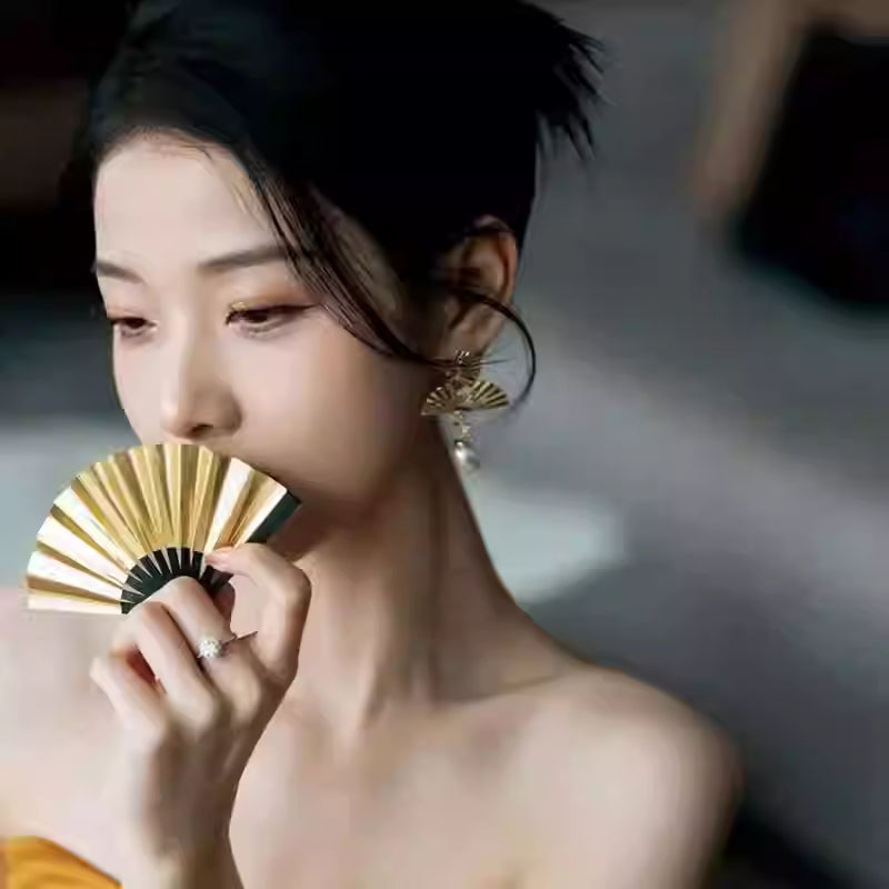 New Chinese Style Folding Fan Earrings – Faux Pearl Luxury Bridal Drop Earrings for Women