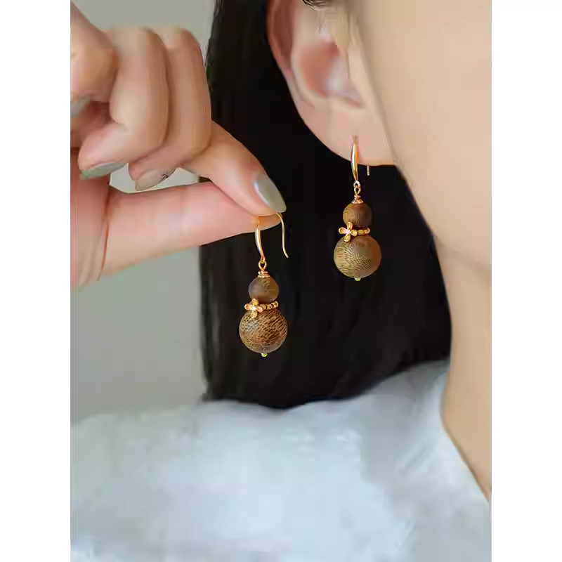 Natural Qi Nan Agarwood Small Gourd Earrings for Women – Alloy Hook, New Chinese Wooden Earrings
