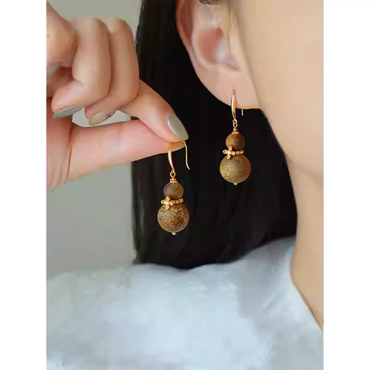Natural Qi Nan Agarwood Small Gourd Earrings for Women – Alloy Hook, New Chinese Wooden Earrings