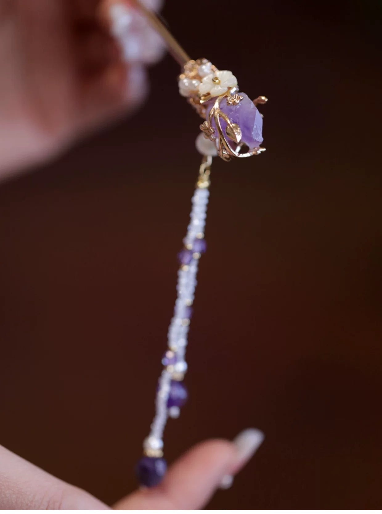 New Chinese Style Amethyst Pearl Tassel Hairpin – Elegant Hanfu Qipao Hair Ornament