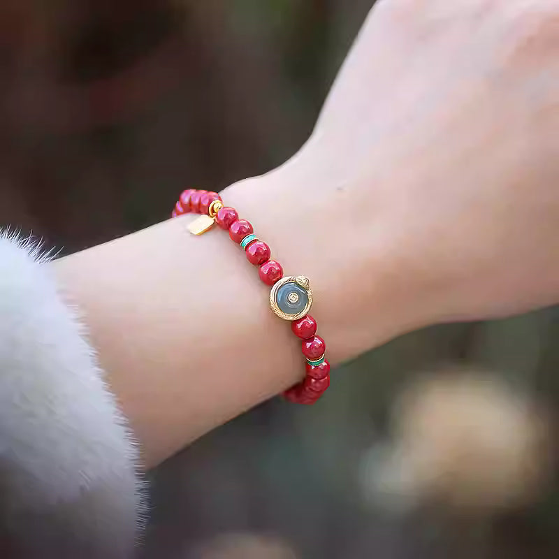 Fusheng Jade & Red Cinnabar Bracelet – Natural Jade Pi Disc, 925 Gold-Plated Charm, Chinese Lucky Amulet Beads for Women