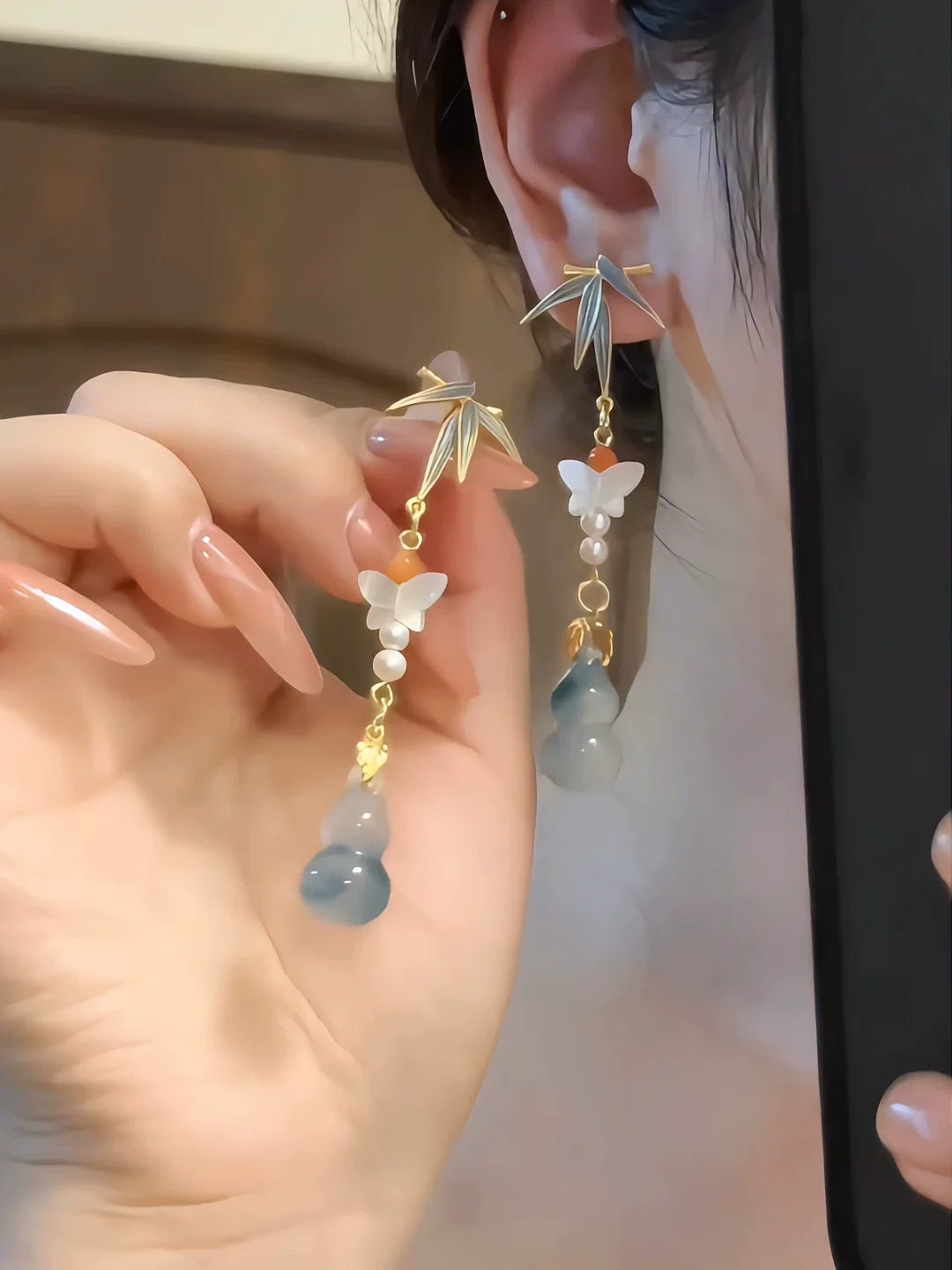 Mother-of-Pearl Butterfly & Blue Gourd Tassel Earrings – Elegant Handcrafted Statement Earrings for Women