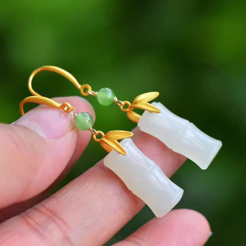 Mutton Fat White Hetian Jade Bamboo Segment S925 Gold Vermeil Silver Earrings for Women