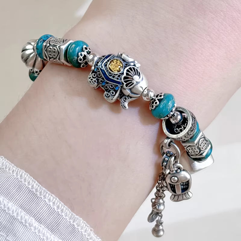 Chinese Turquoise & Beeswax Tassel Bracelet – Handmade Feng Shui Jewelry for Protection, Balance & Good Fortune