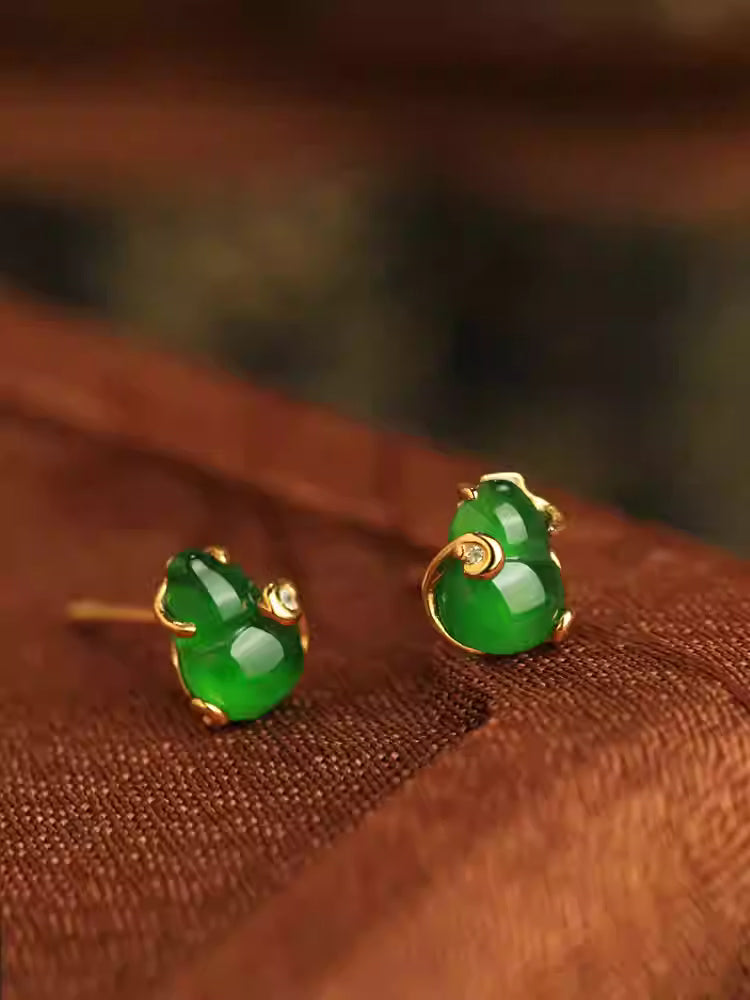 S925 Gold-Plated Silver Jade Gourd Stud Earrings – Natural Green Jade Ear Jewelry for Women, Chinese New Year Gift