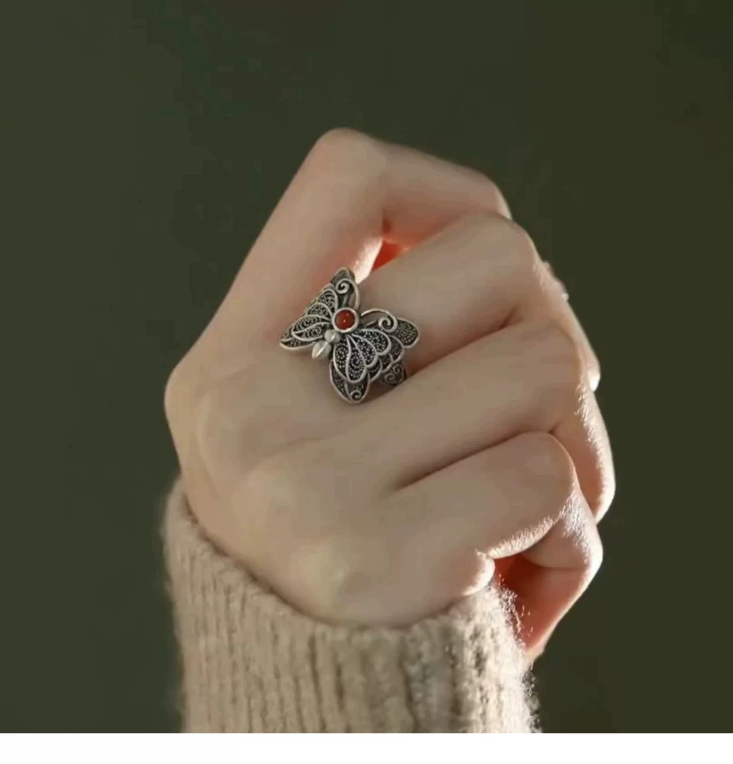 925 Sterling Silver Filigree Red Agate Butterfly Ring – Adjustable Vintage Chinese Style Statement Ring