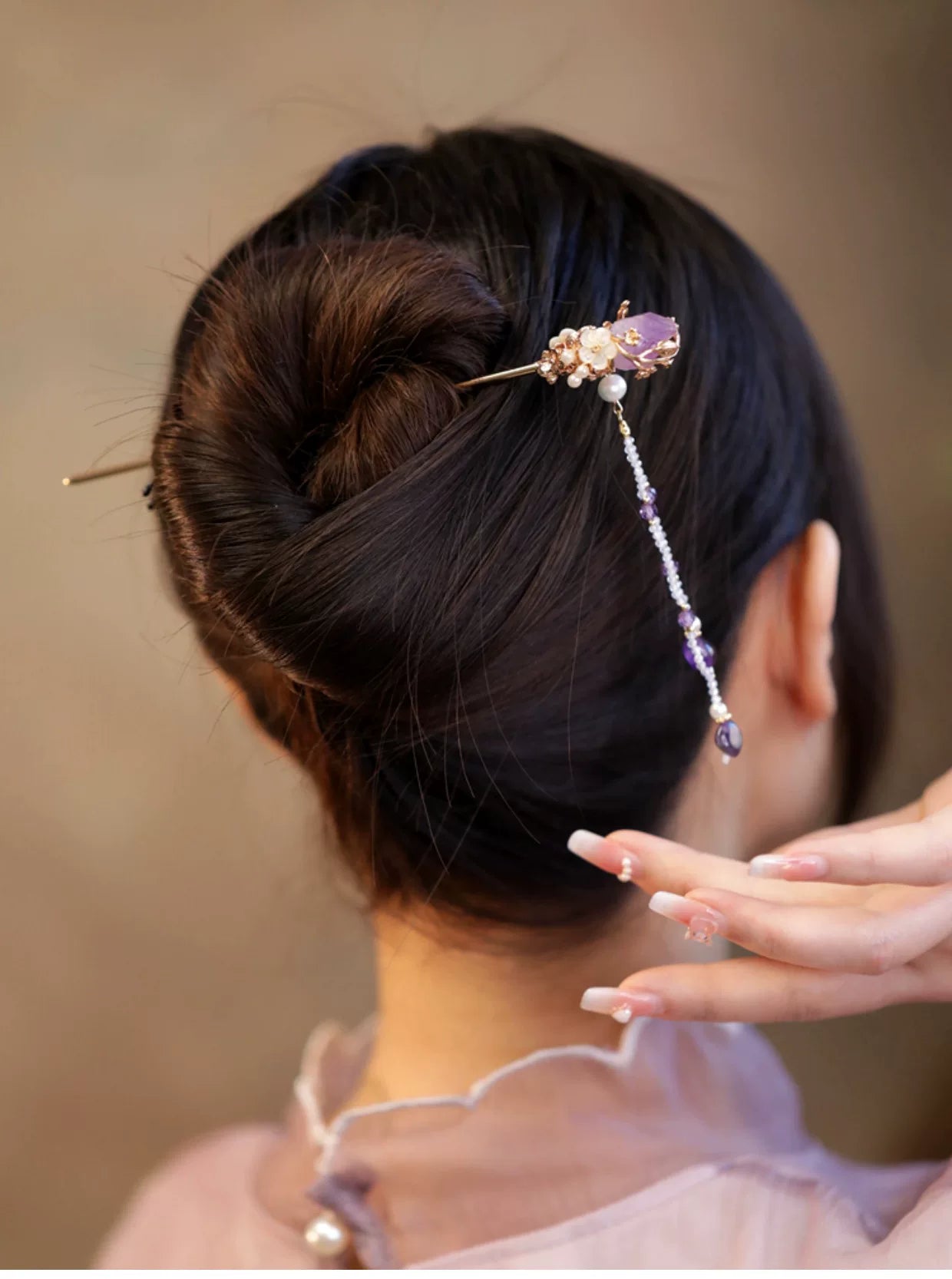 New Chinese Style Amethyst Pearl Tassel Hairpin – Elegant Hanfu Qipao Hair Ornament