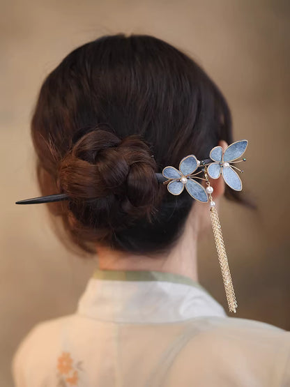 Neuer chinesischer Stil Schwarze Ebenholz-Haarnadel mit blauem Samt-Schmetterling und Quaste – 18 cm Haarstab, 12 cm Quaste, Erbstück, Hanfu-Accessoire