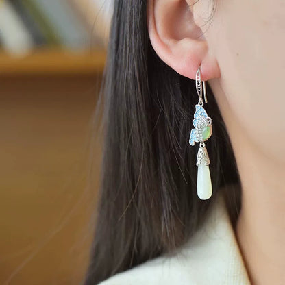 925 Sterling Silver Blue Enamel Butterfly &amp; Hetian Jade Drop Earrings