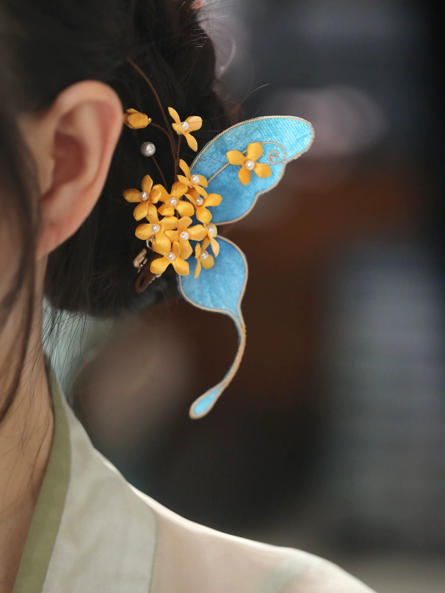 Fairy-Inspired Blue Butterfly Osmanthus Hair Clip – New Chinese Style Hair Ornament