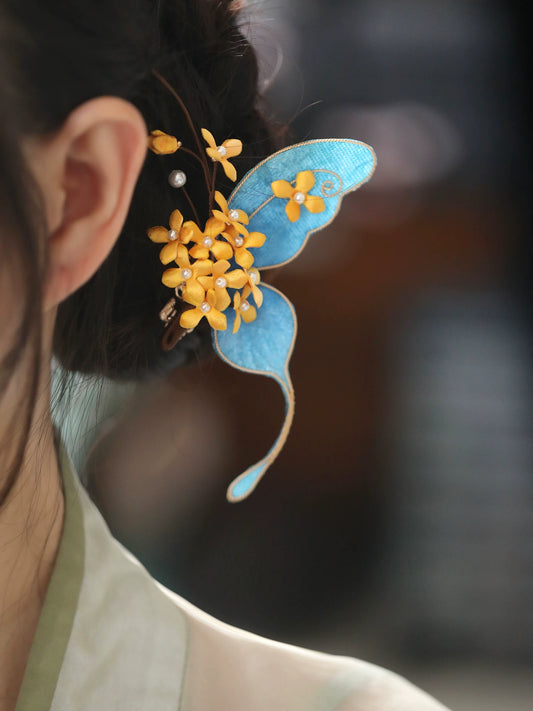 Fairy-Inspired Blue Butterfly Osmanthus Hair Clip – New Chinese Style Hair Ornament