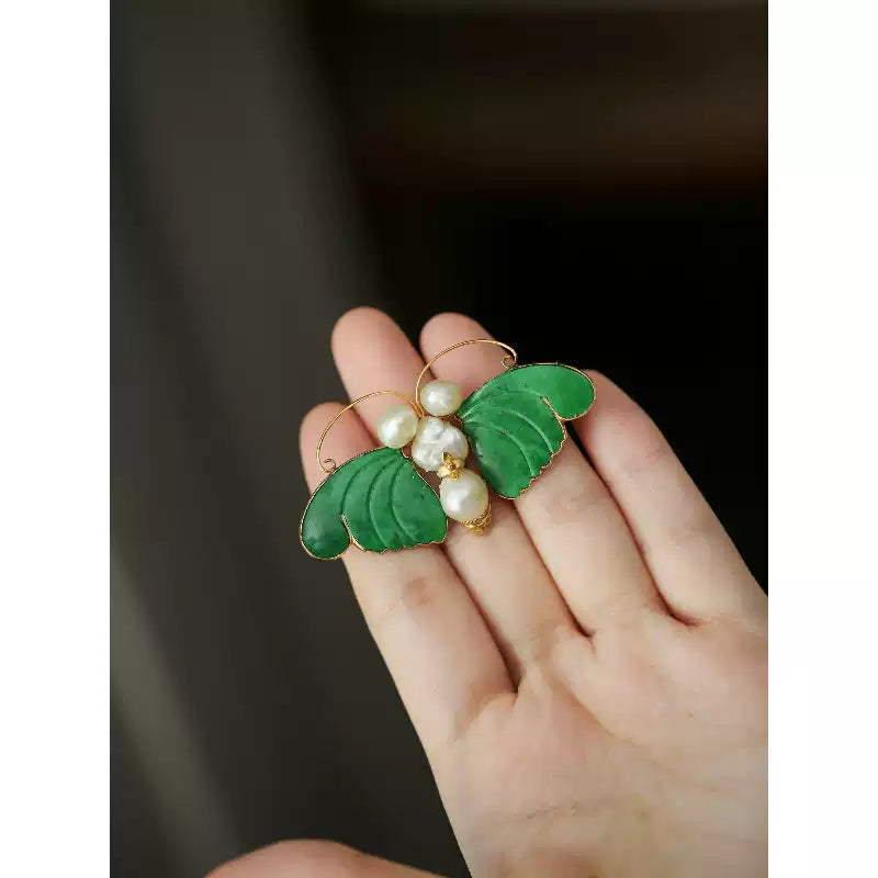 Butterfly Dance Jade Shadow Brooch – New Chinese Style Faux Jade Pearl Butterfly Pin