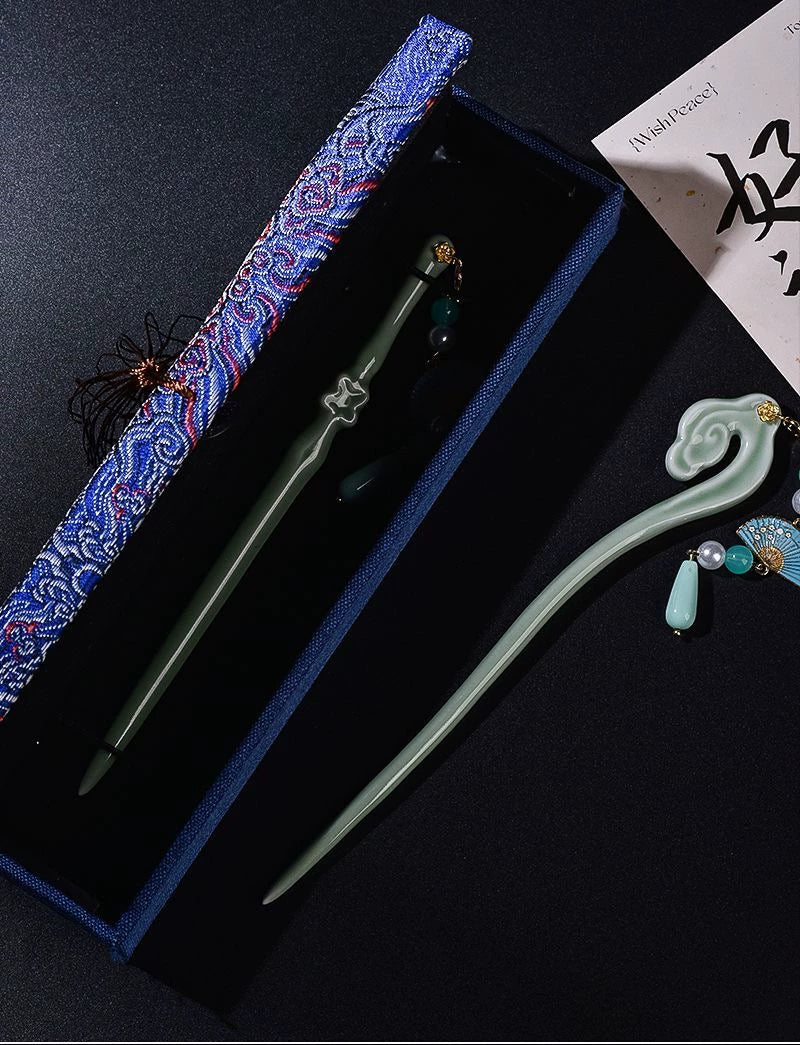 Longquan Celadon Hairpin – New Chinese Style Ceramic Sword &Cloud Ruyi Hair Stick