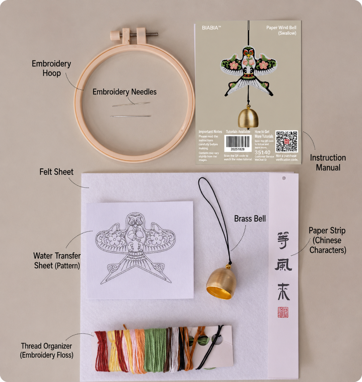 New Chinese Style DIY Embroidery Set – Swallow Paper Kite Wind Chime Ornament