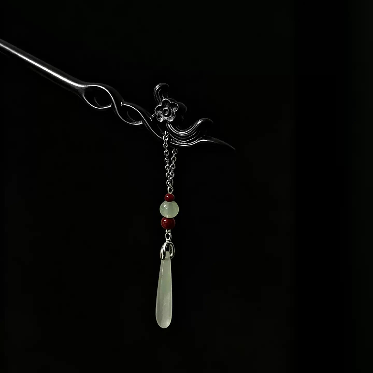 Traditional Chinese Plum Blossom Hairpin – Ebony Wood Hair Stick with Jade Teardrop for Hanfu